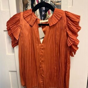 Ulla Johnson Pleated Ruffle Sleeve Blouse - Rust Orange